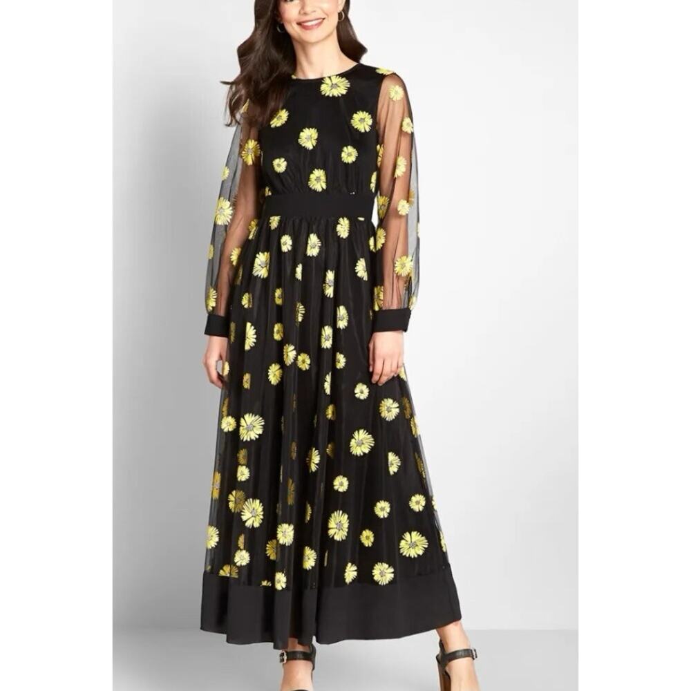 Modcloth Be My Guest Floral Sheer Sleeve Maxi Dress L Black Yellow Daisies